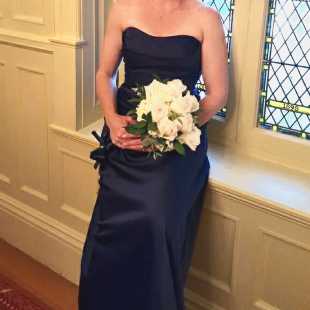 Navy blue Satin shelf bust gown with rhinestone bling belt 6 - Picture 2 of 3